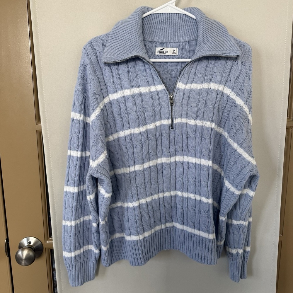 Hollister Womens Medium Blue White Stripe 1/4 Zip Cable Knit Long Sleeve Sweater - Picture 2 of 7